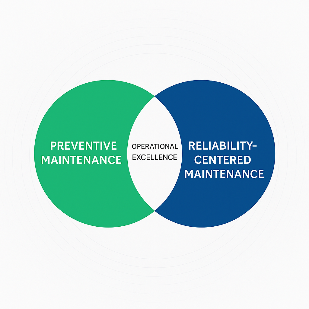 Venn diagram showing Preventive Maintenance and Reliability-Centered Maintenance overlapping to Operational Excellence.